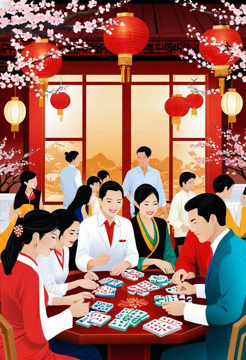 A lively, Asian-inspired casino scene with cheerful people engaging in various traditional games like mahjong and cards. Vibrant lanterns, intricate décor, and blissful expressions convey a joyful atmosphere. Diverse cultural elements like red lanterns, cherry blossoms, and golden dragons enhance the setting. vector art. vibrant colors. white background.