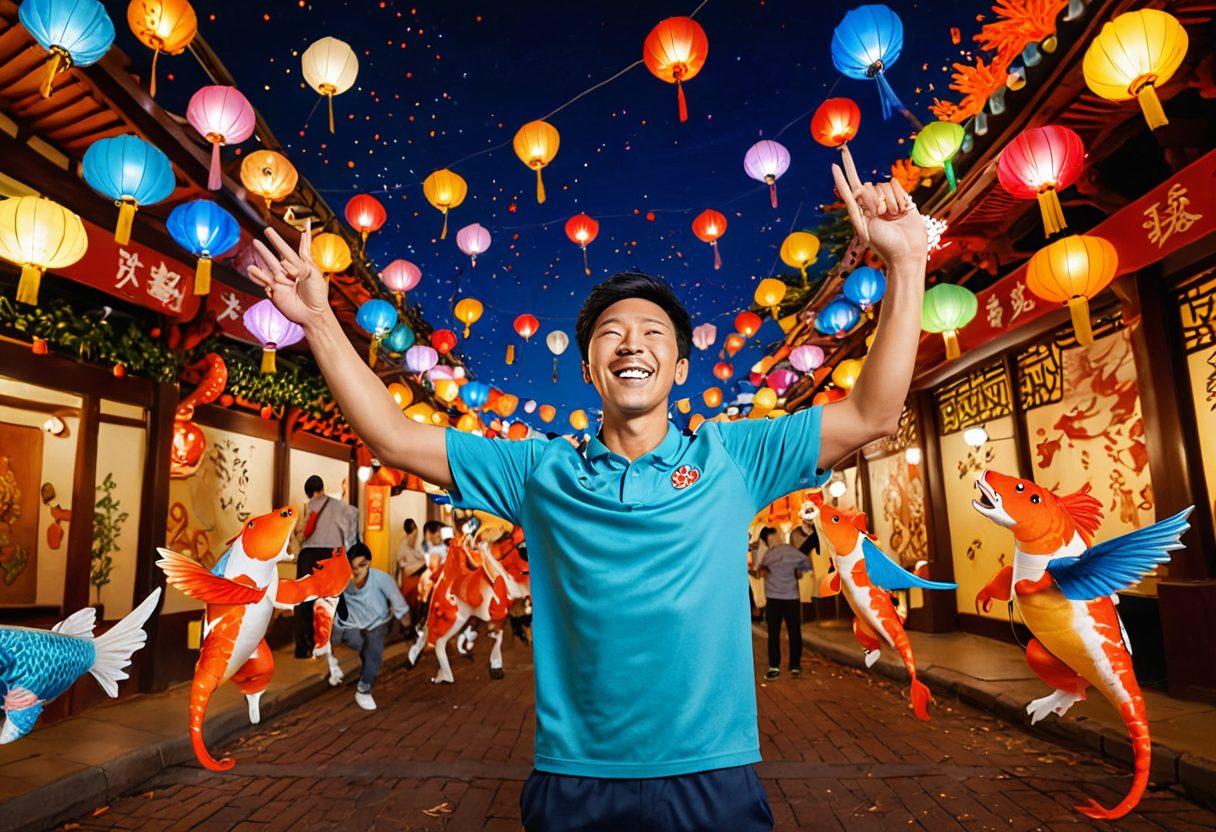 A vibrant scene depicting an excited individual celebrating a sports victory, surrounded by colorful Asian symbols of luck like koi fish, dragons, and lanterns. The background includes elements of various sports like football, basketball, and horse racing, highlighting an atmosphere of joy and winning chances. The image conveys positivity and cultural richness. vibrant colors. super-realistic.